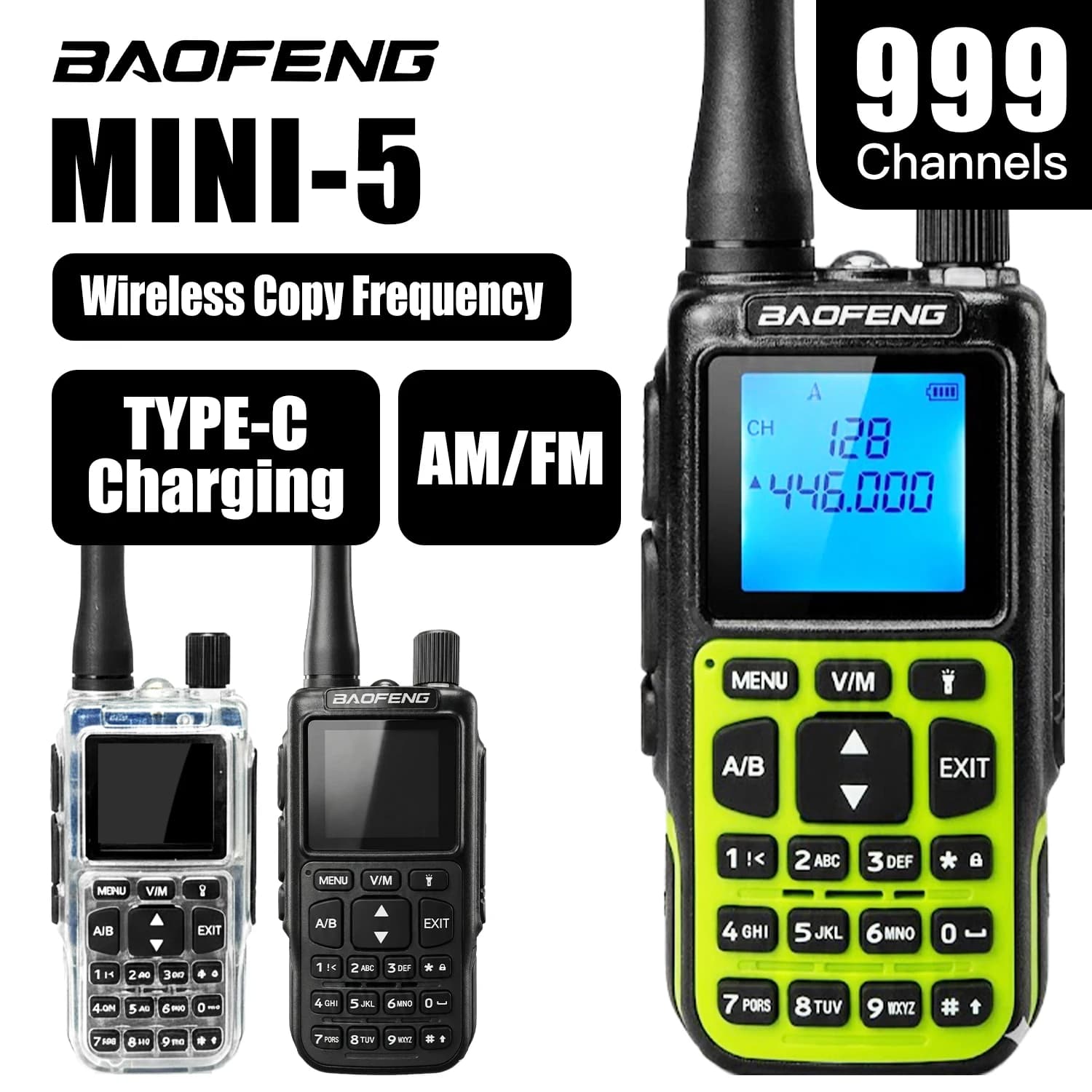Ricetrasmettitore Baofeng Mini 5 5W dual-band, walkie-talkie bidirezionale con Bluetooth, copia frequenza con un pulsante, ricarica USB-C, per esterni