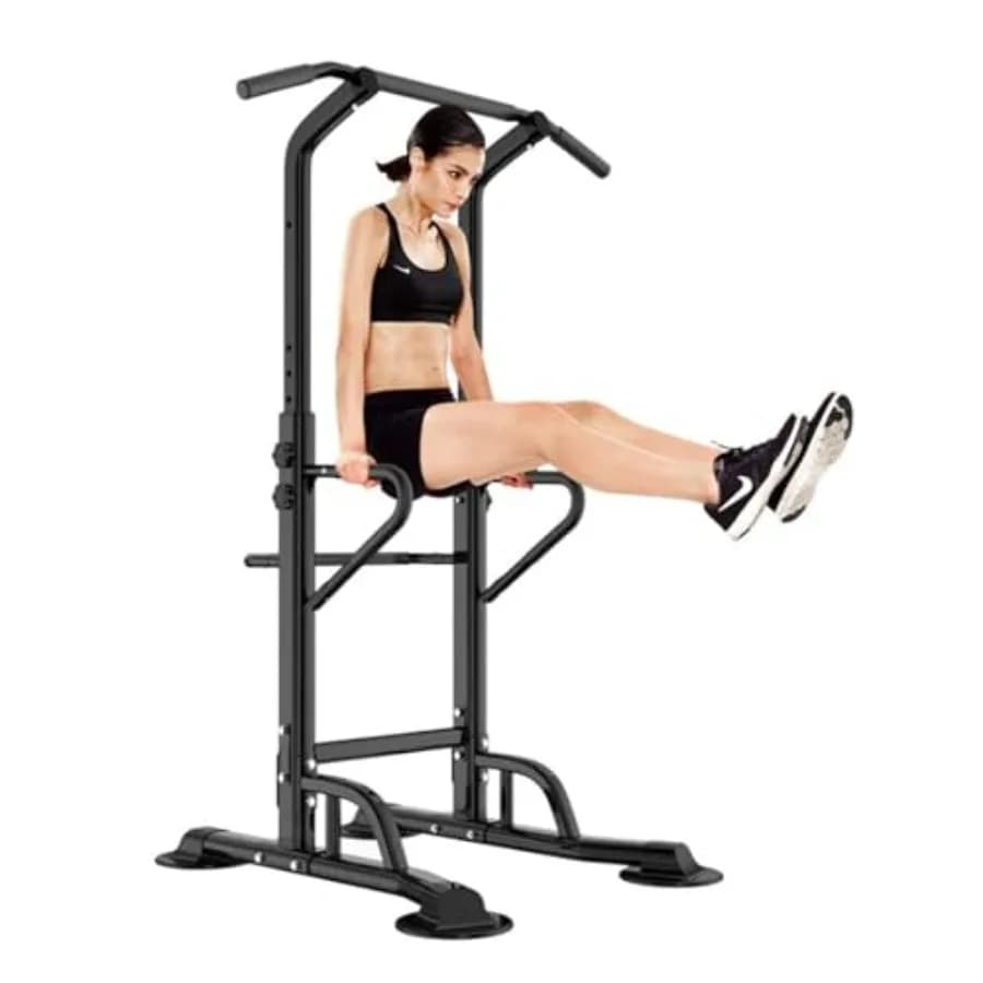 Home gym pull-up bar and dip station with adjustable height, steel construction, black color, multi-function strength training