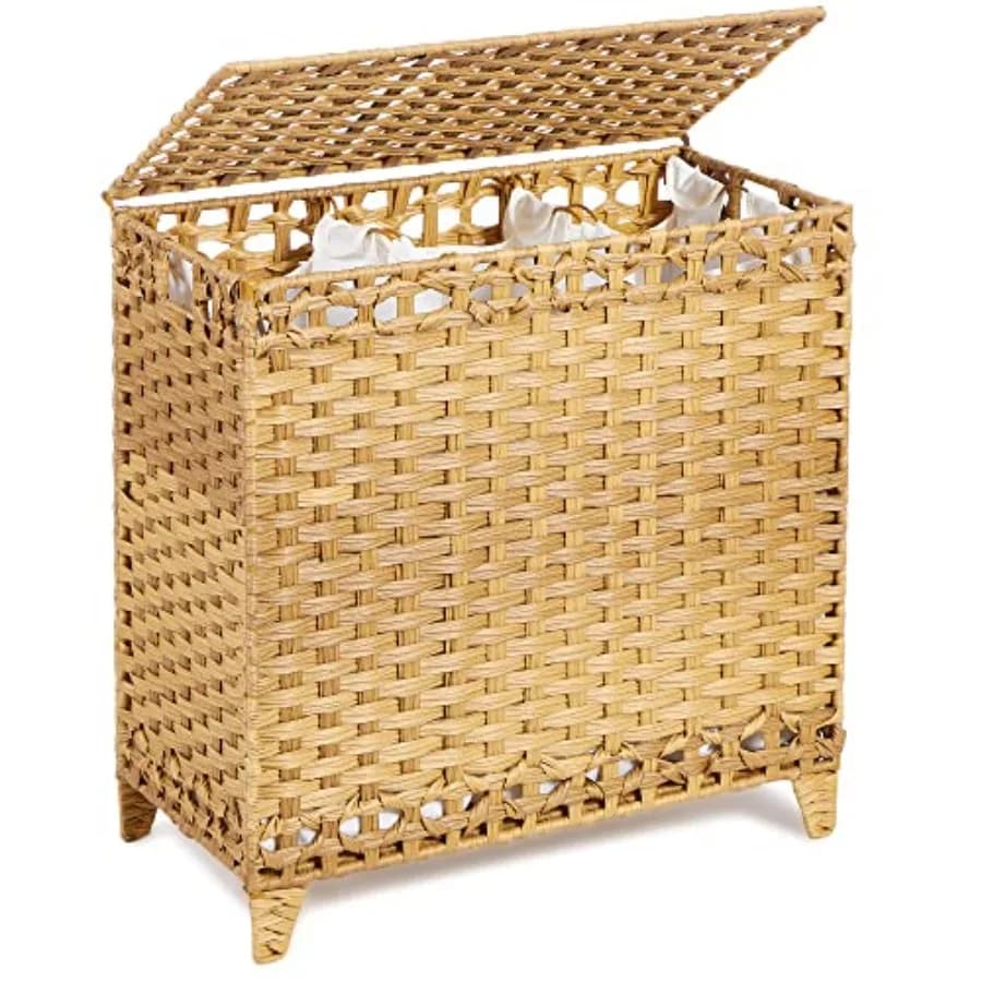 Cesto Portabiancheria con 3 Sacchi Rimovibili; Cesto Portabiancheria in Rattan Intrecciato a Mano da 132L con Coperchio e Piedini Rialzati; Cesto Portabiancheria