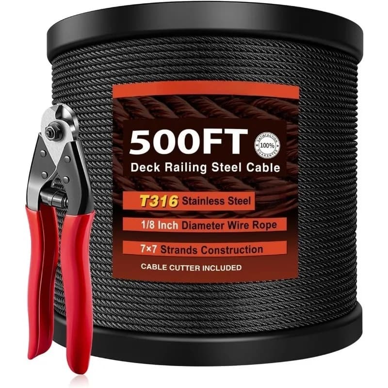 Acciaio DN Mate 500 piedi Corda metallica nera 1/8" T316L Cavo in acciaio inossidabile di grado marino 7 × 7 fili Sistema di ringhiera - CASA