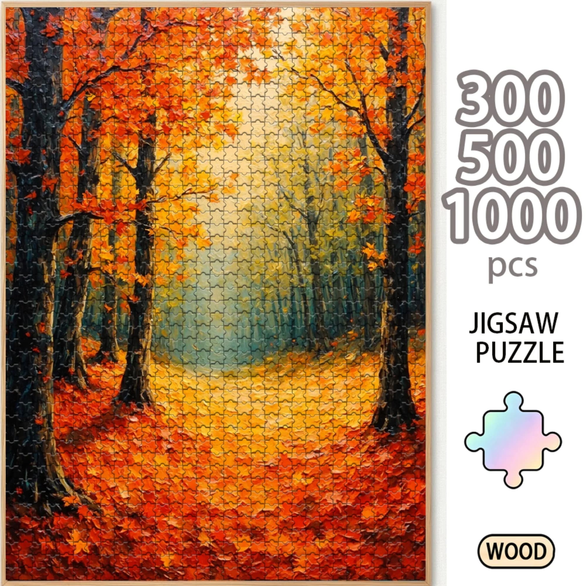 Golden Autumn Forest Trail Path 300/500/1000 Piece Wooden Jigsaw Puzzle for Adults, Wood Puzzle Game, Brain Teaser Family Board Game, Home Entertainment Gift