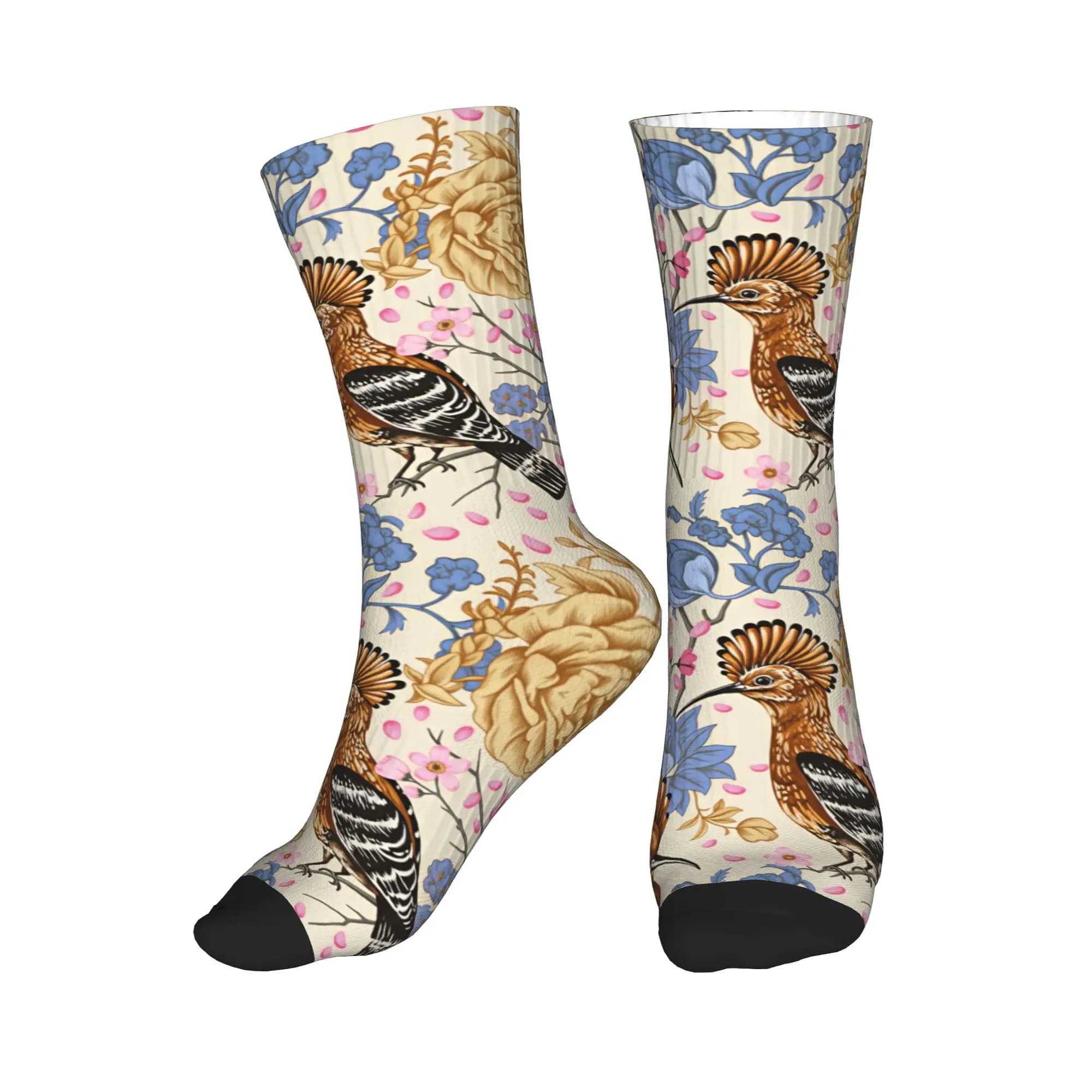 Hoopoe Bird Blue Peony Vintage Floral Dress Socks Men's Women's Warm Fashion Crew Socks