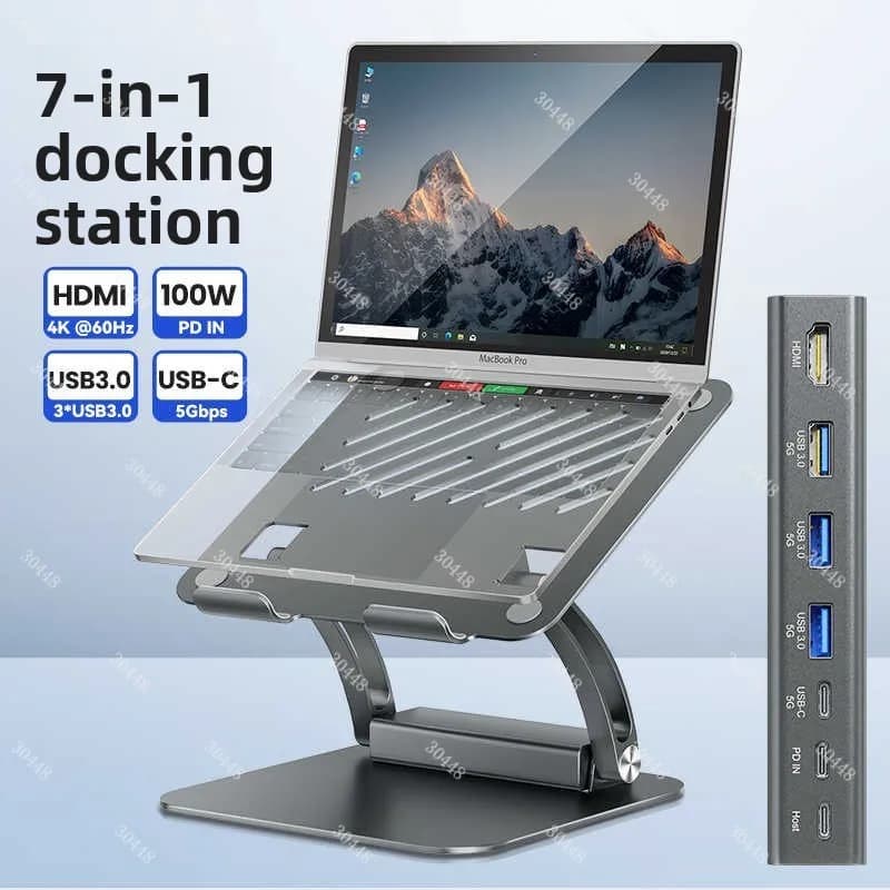 Supporto per Laptop con Docking Station, Base di Raffreddamento, Hub USB con Adattatore HDMI, Pieghevole e Regolabile, Supporto in Metallo Flottante