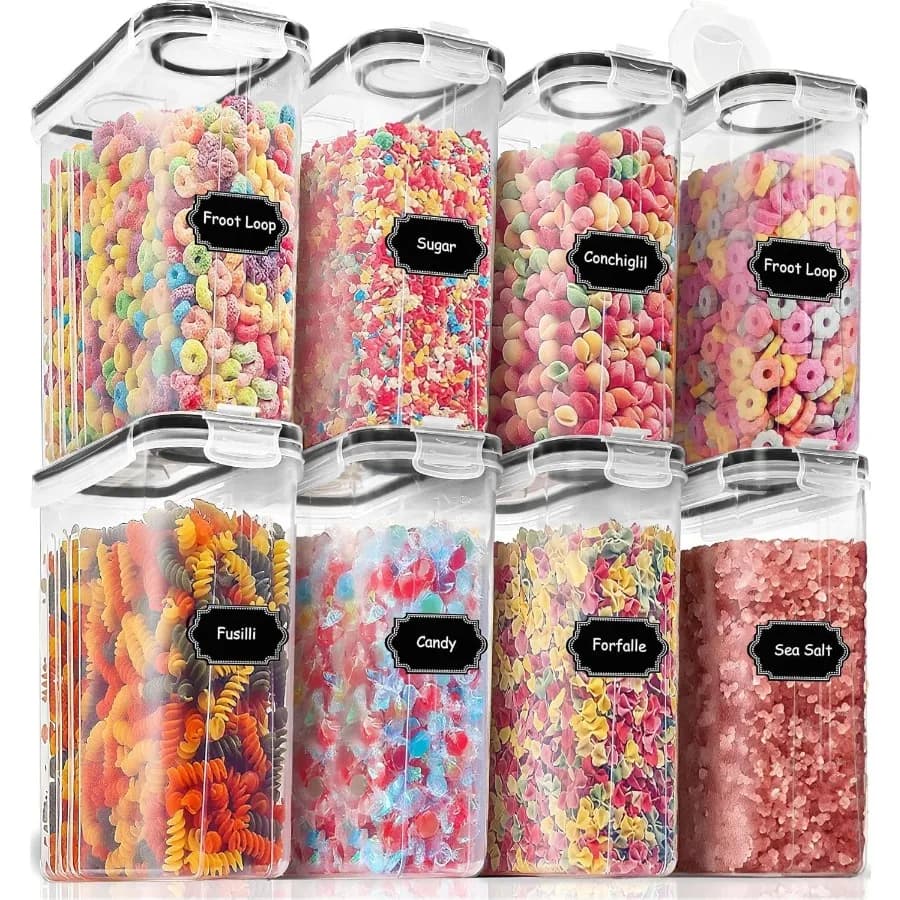 Set di 8 Contenitori Ermetici per Alimenti da 4L con Coperchi per Organizzazione Dispensa, Dispenser per Cereali in Bianco con 20 Etichette