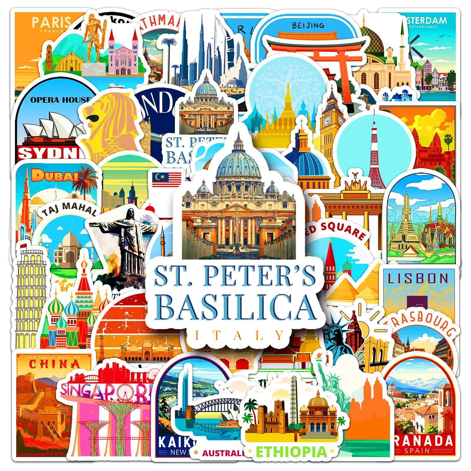 50 Pezzi Adesivi di Monumenti Urbani, Decorazioni Fai-da-Te per Telefono, Valigie, Laptop, Chitarra, Bici, Skateboard, Frigorifero, Casco, Impermeabili, Regalo per Bambini