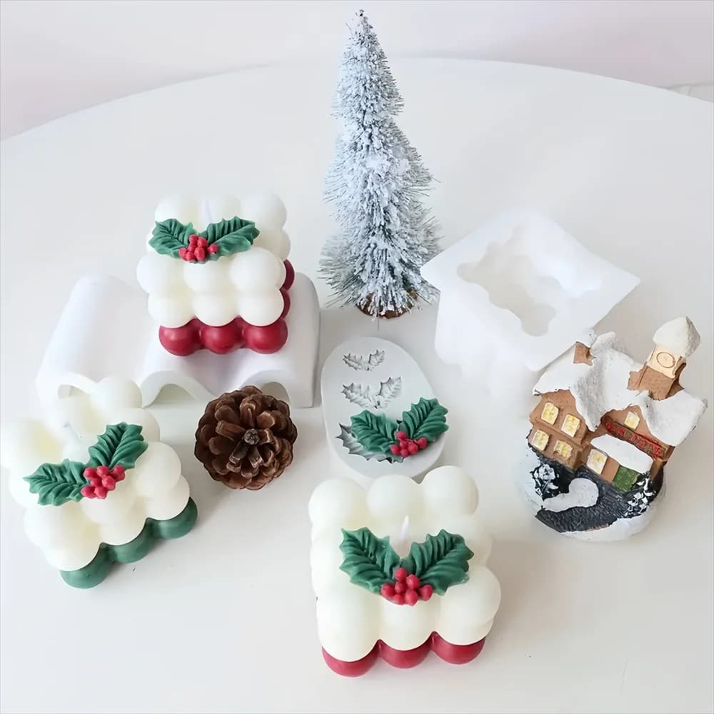 Stampo in silicone per candela a bolle di foglie di agrifoglio di Natale, fatto a mano, per aromaterapia, gesso, argilla, candela a forma di, regalo di Natale e Capodanno