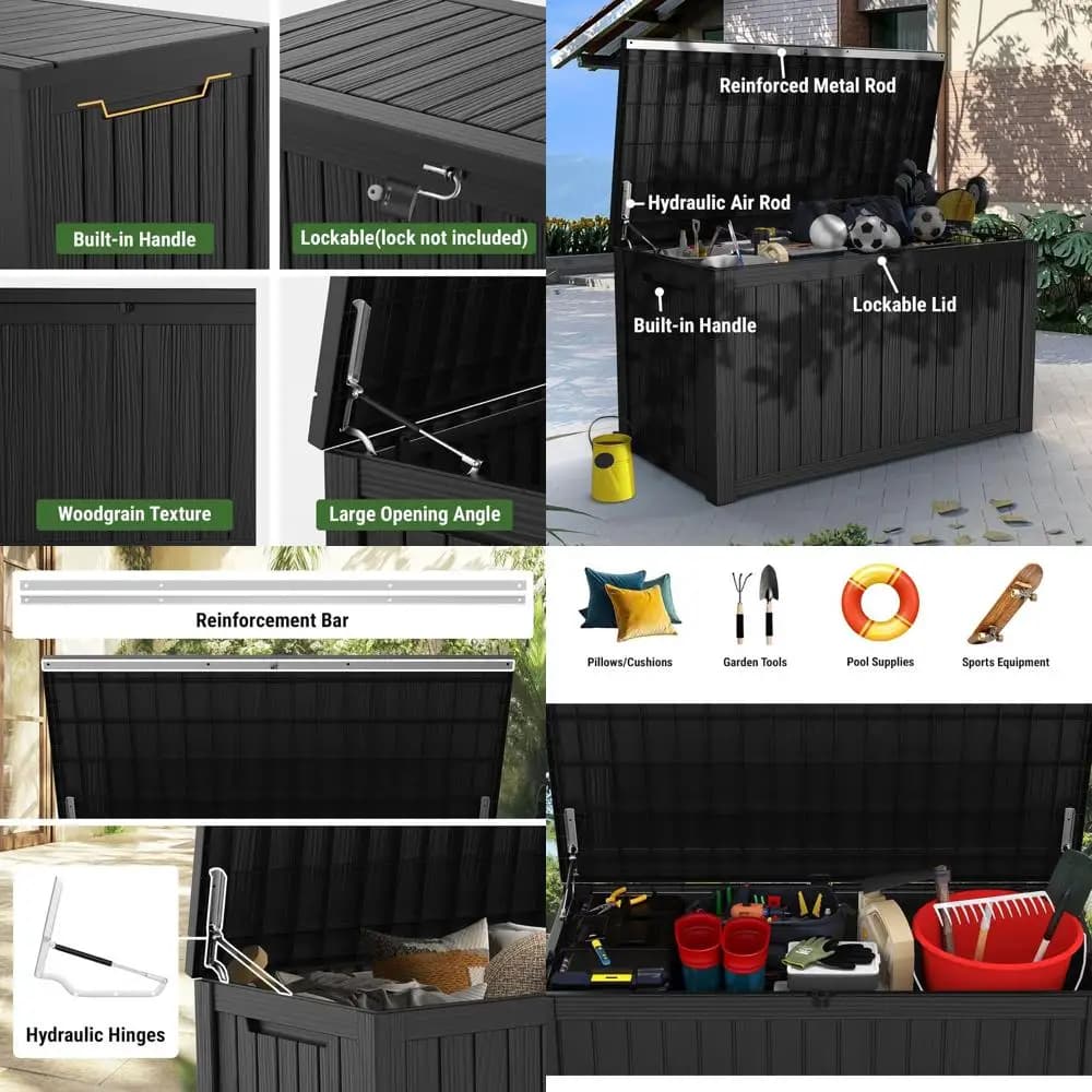 Contenitore da Esterno Extra Large, Box in Resina Resistente alle Intemperie, Organizzatore per Mobili da Giardino e Accessori Piscina, Resistente ai Raggi UV, Nero