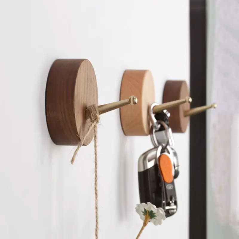 Ganci appendiabiti da parete in legno massello per camera da letto, creativi, in noce, con ganci in ottone quadrati e rotondi per cappelli, borse e chiavi