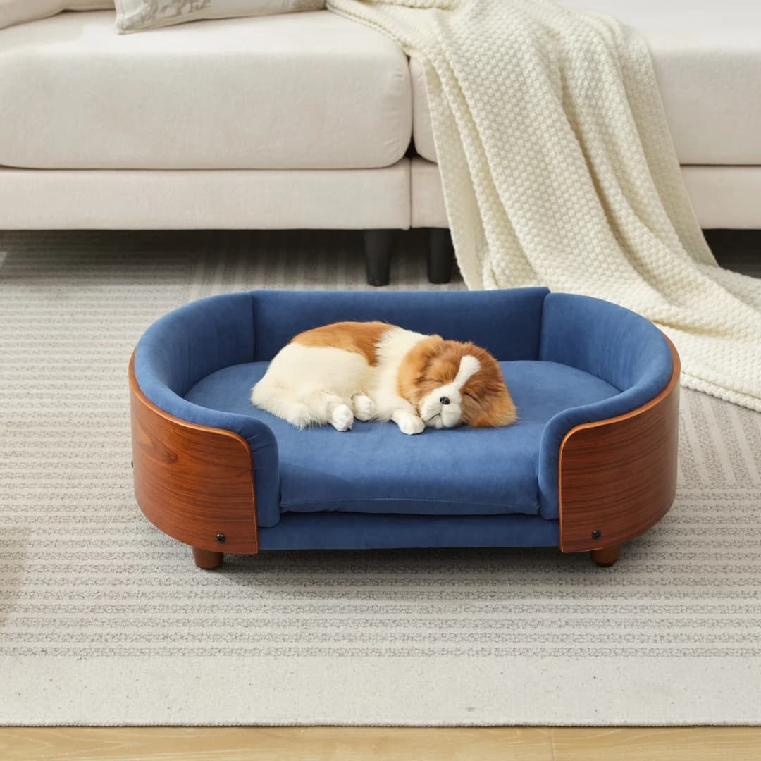 Letto per cani scandinavo rialzato: schienale in legno piegato di noce e gambe in legno massello (design divano per animali domestici)