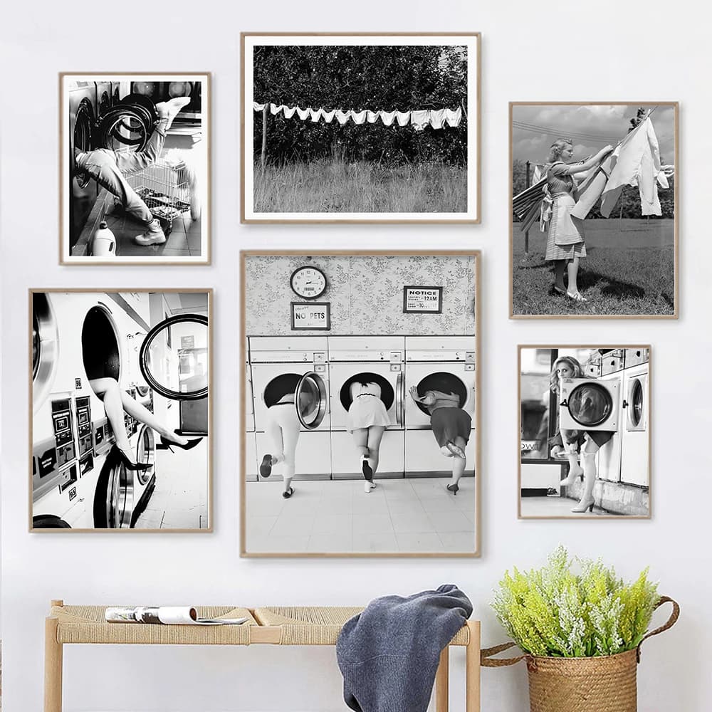 (No frame)Feminis Woman And Man In The Washing Machine Poster Black And White Print Funny Wall Art Vintage Laundry Picture Wa