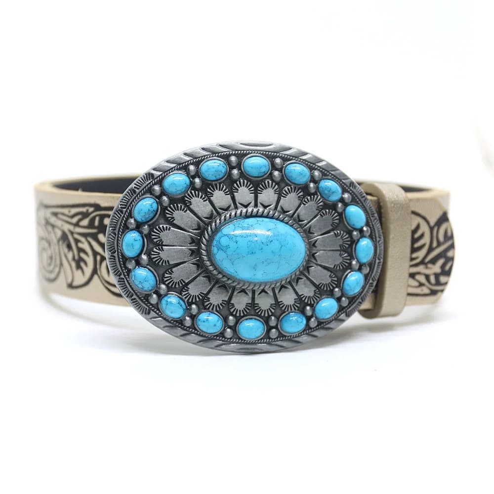 Cintura Vintage Western in PU con Fibbia Turchese, Incisa e Lavorata, per Jeans, Stile Boho Cowgirl, Accessorio Moda