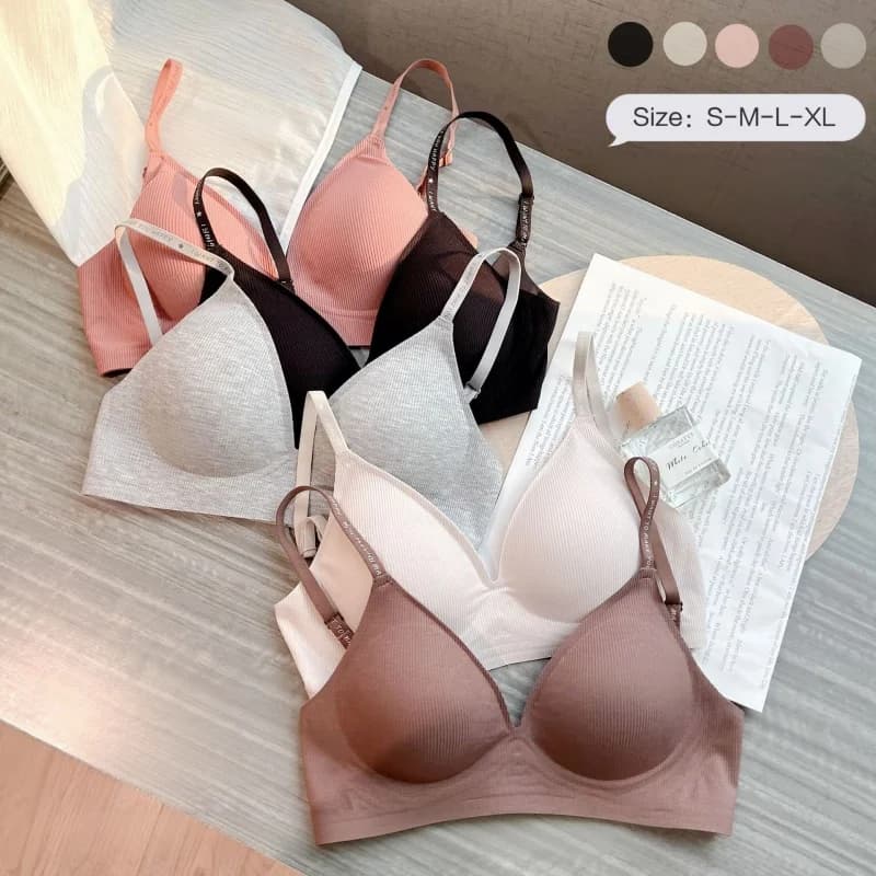 Ribbed Wireless Bra for Women Adjustable Letter Print Straps Bralette Removable Pads Soft Underwear Daily Lingerie S-XL