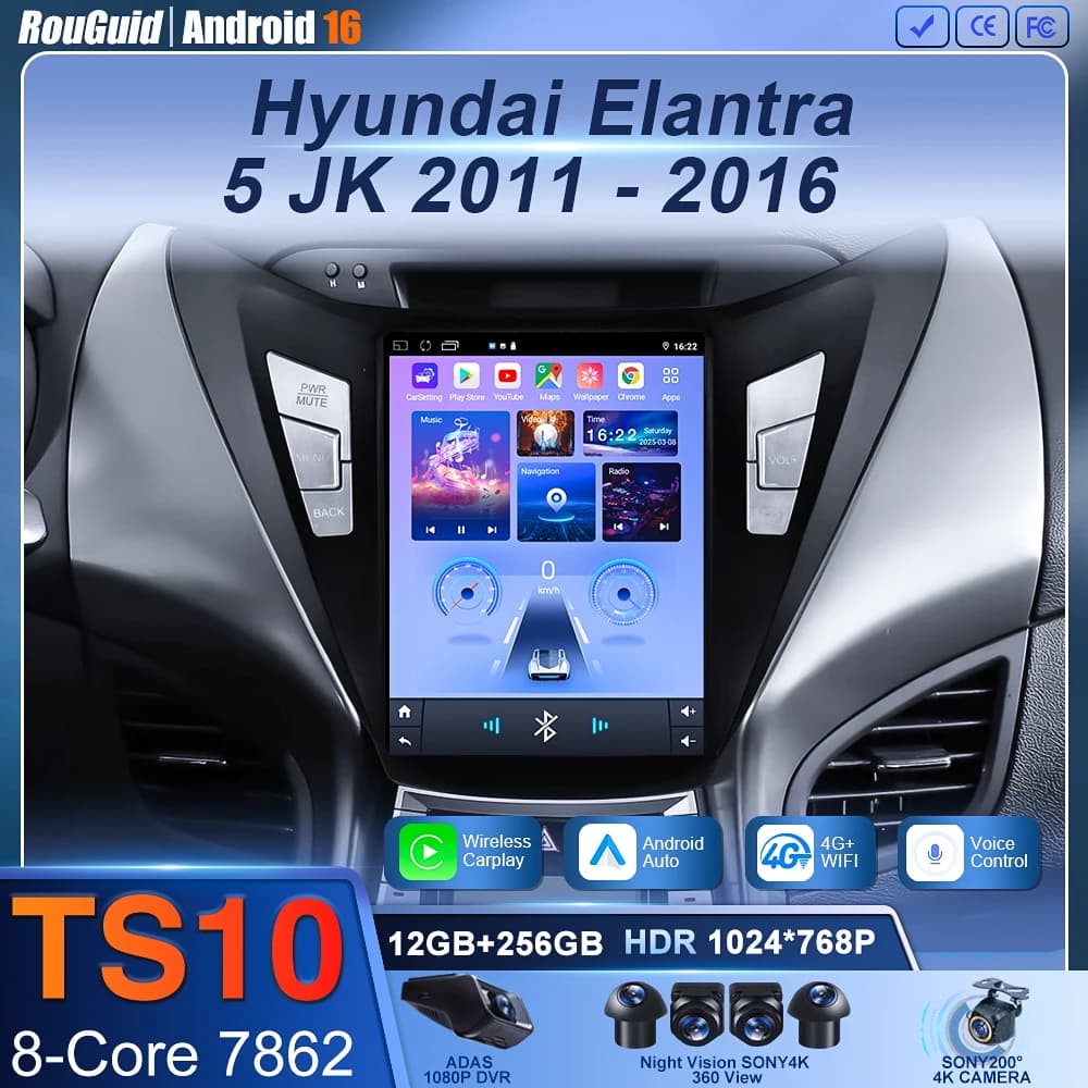 Android 16 Car Radio For 9.7 inch Hyundai Elantra 5 JK 2011 - 2016 android BT Head Unit Multimedia Player GPS Carplay Auto