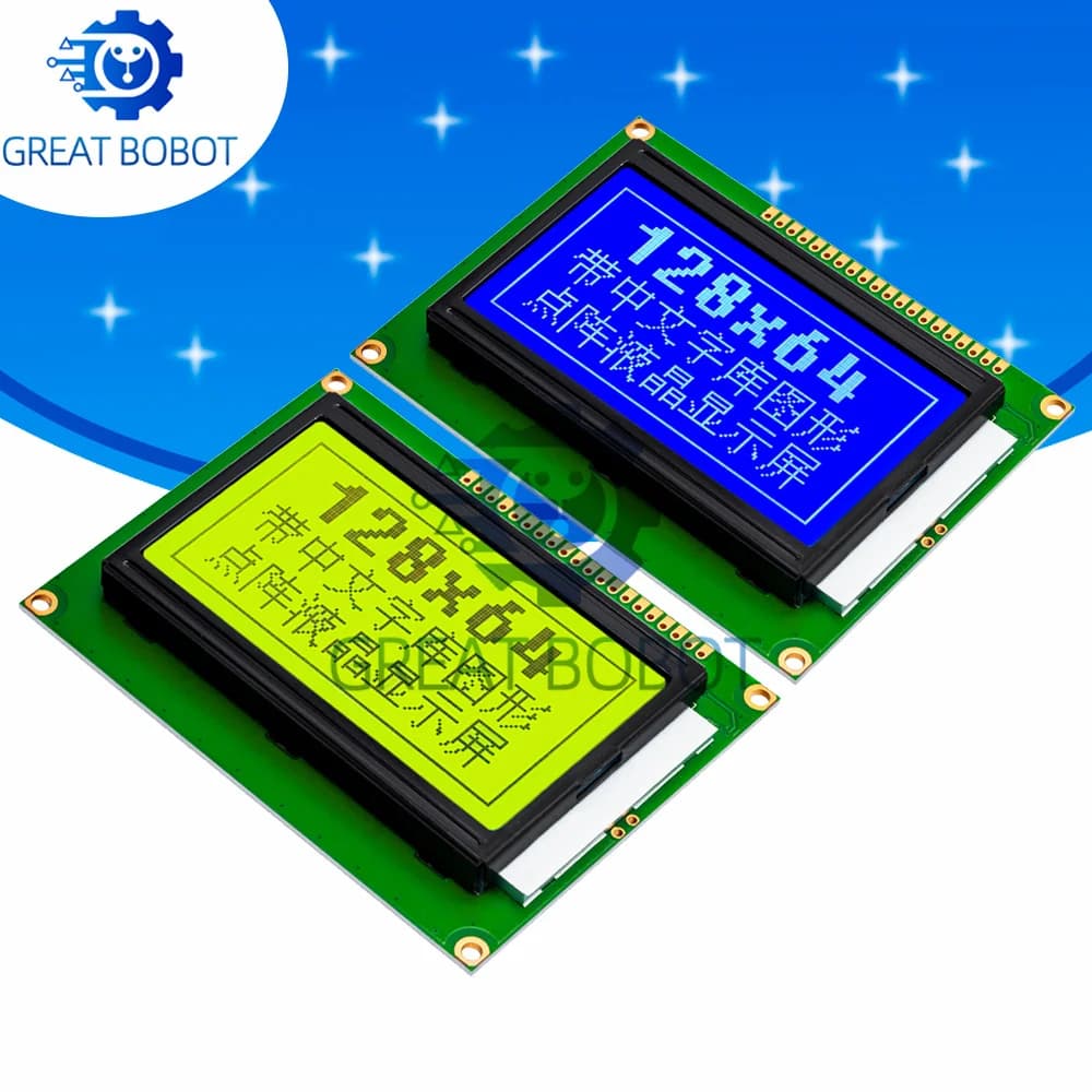 12864 LCD Display Module (5V) - Blue/Yellow-Green Backlight - Parallel Serial Interface for Arduino
