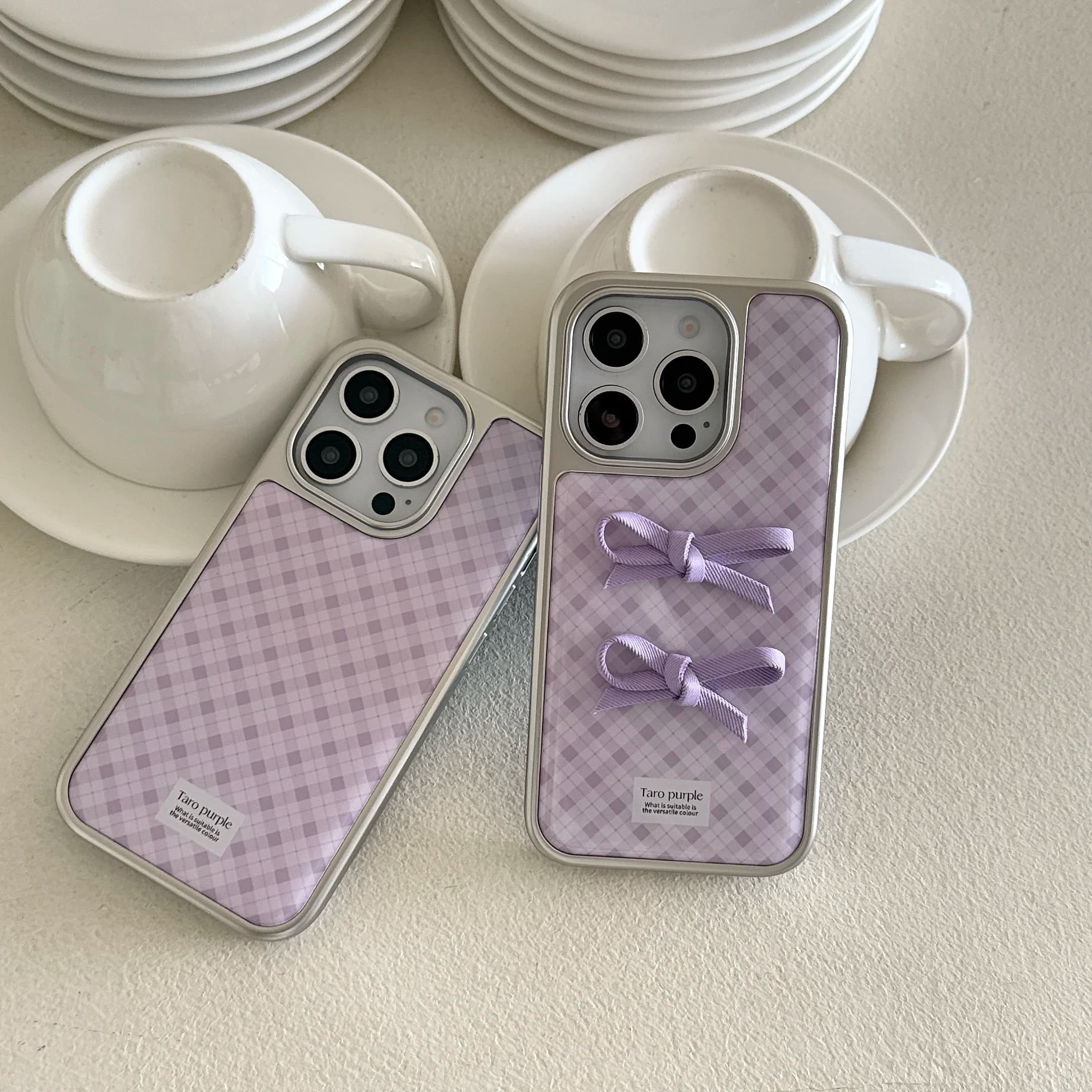 Korean Electroplated Silver Edge Purple Grid Pattern Bow Phone Case for iPhone 16 15 14 13 Pro Max Back Cover Funda