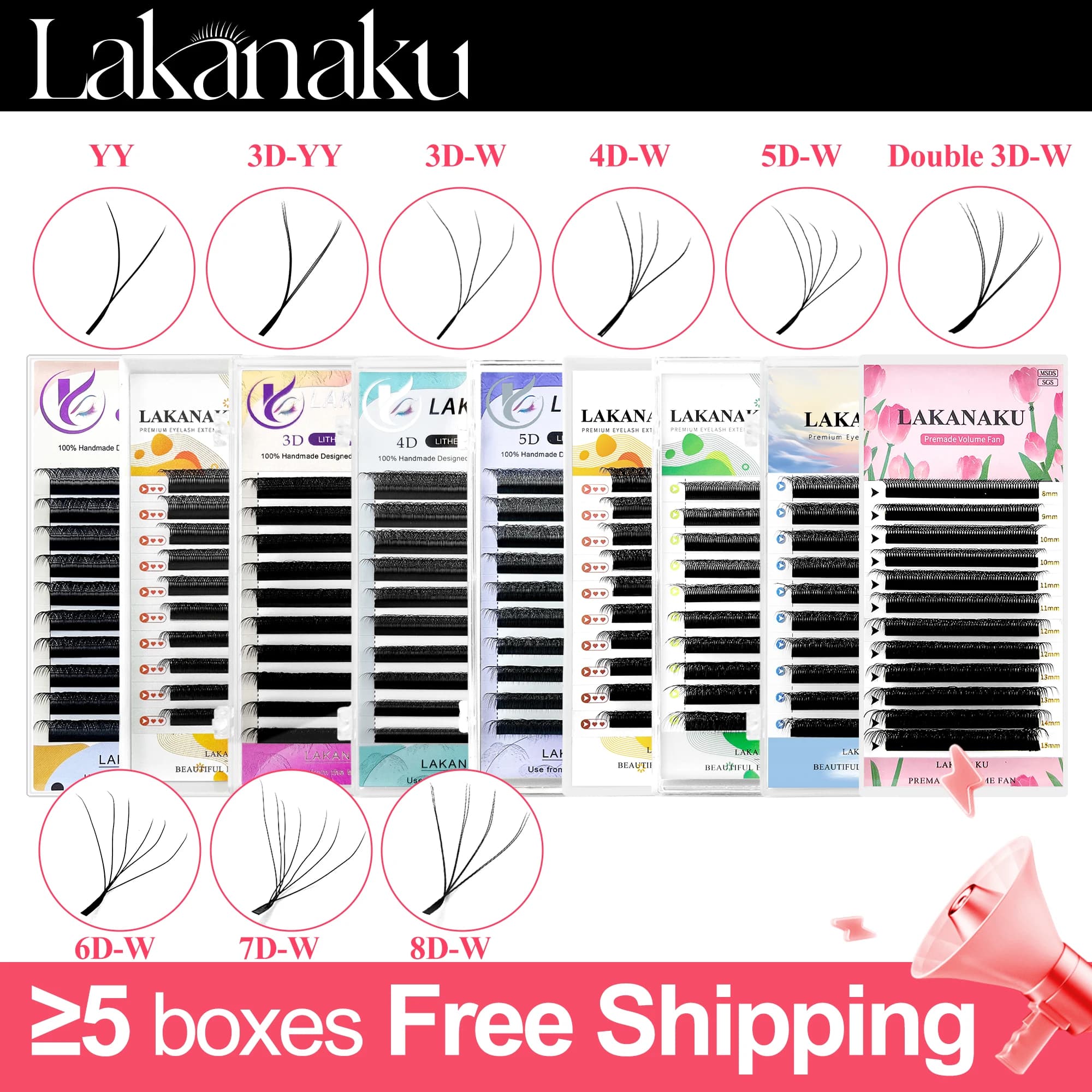 LAKANAKU W Shape Bloom 3D 4D 5D 7D volume fans pre-packaged extensions of lashes Faux eyelashes Shape to Y Professional natural soft eyelashes