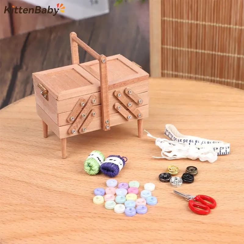1:12 Dollhouse Miniature High End Sewing Box Kit With Needle Scissors Knitting Tool Tailor Accessories Decoration Play House Toy