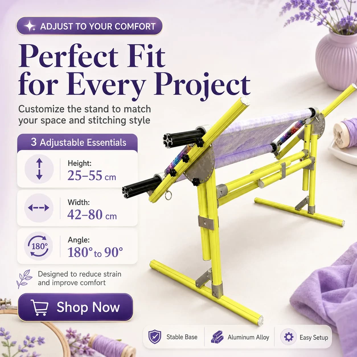 2 in 1 Adjustable Aluminum Cross Stitch Stand Bed Table Embroidery Frame Holder 25-55cm Height 42-80cm Width Scissors Holder