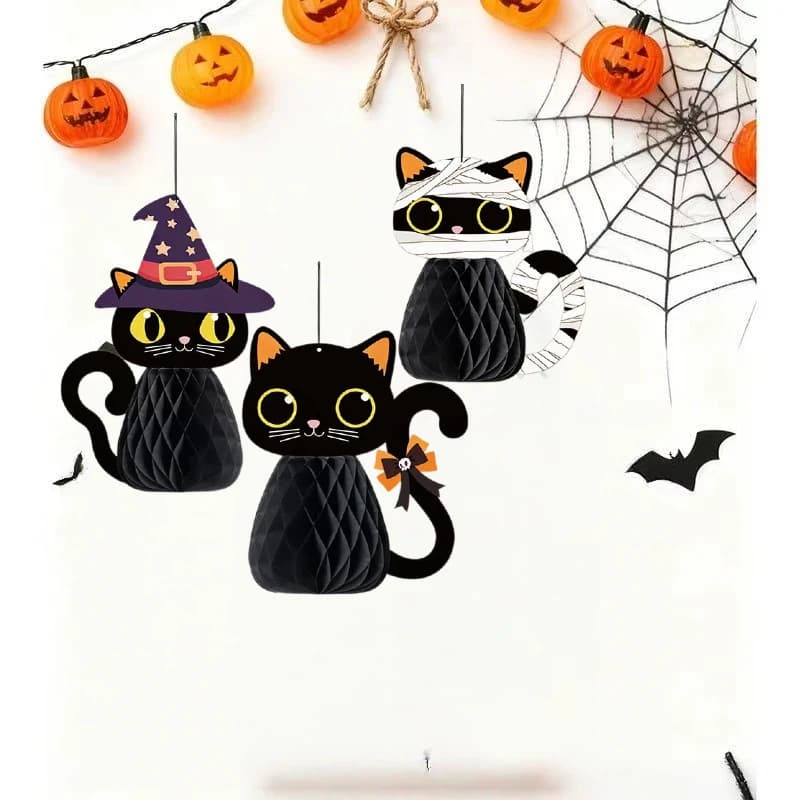 3pcs Cartoon Black Cat Paper Honeycomb Ball Ornaments Christmas Tree Decorations Hanging Decor Halloween For Home Decoration