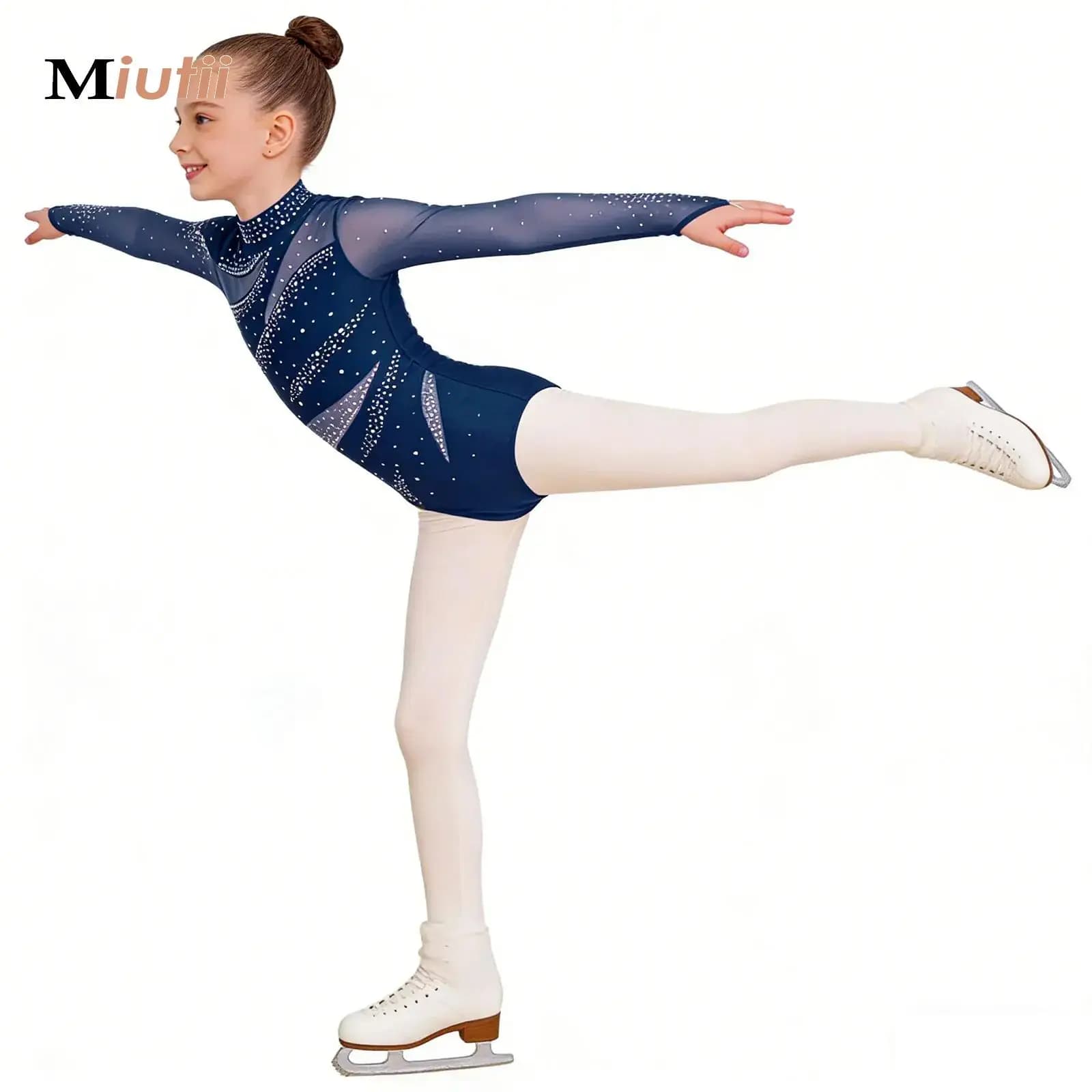 Body da Ginnastica per Bambine, Costume per Pattinaggio Artistico e Danza, Manica Lunga con Strass, Tuta per Pattinaggio su Ghiaccio e Balletto