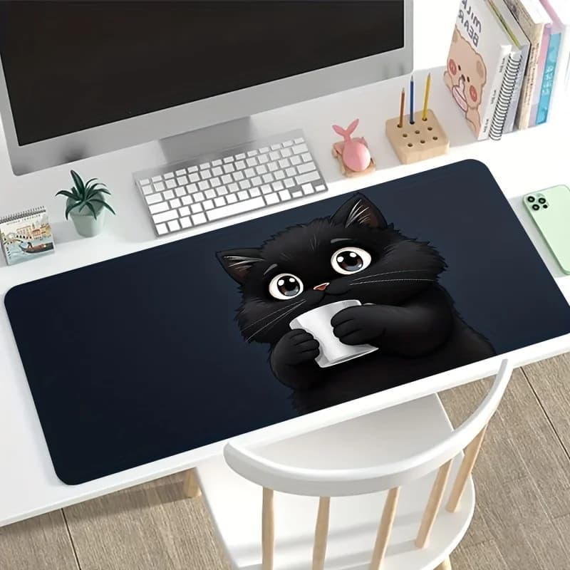 Tappetino per mouse in stile simpatico a tema tazza con gatto nero, tappetino da scrivania di grandi dimensioni, tappetino da gioco antiscivolo per tastiera e mouse, tappetino lungo da scrivania.