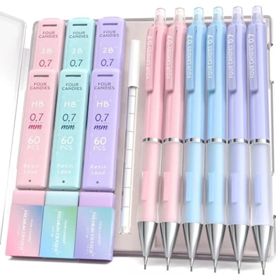 Mechanical Pencil Set - 0.7mm Medium Point,6PCS Cute Pencils Mechanical with 360PCS (HB and 2B) Lead Refills and 12PCS Erasers