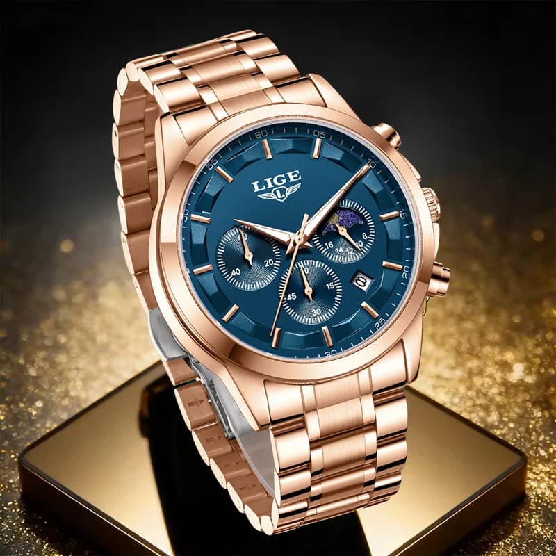 LIGE Orologio da uomo alla moda in acciaio inossidabile oro rosa, orologio sportivo da uomo, cronografo al quarzo casual, orologio da polso luminoso da uomo