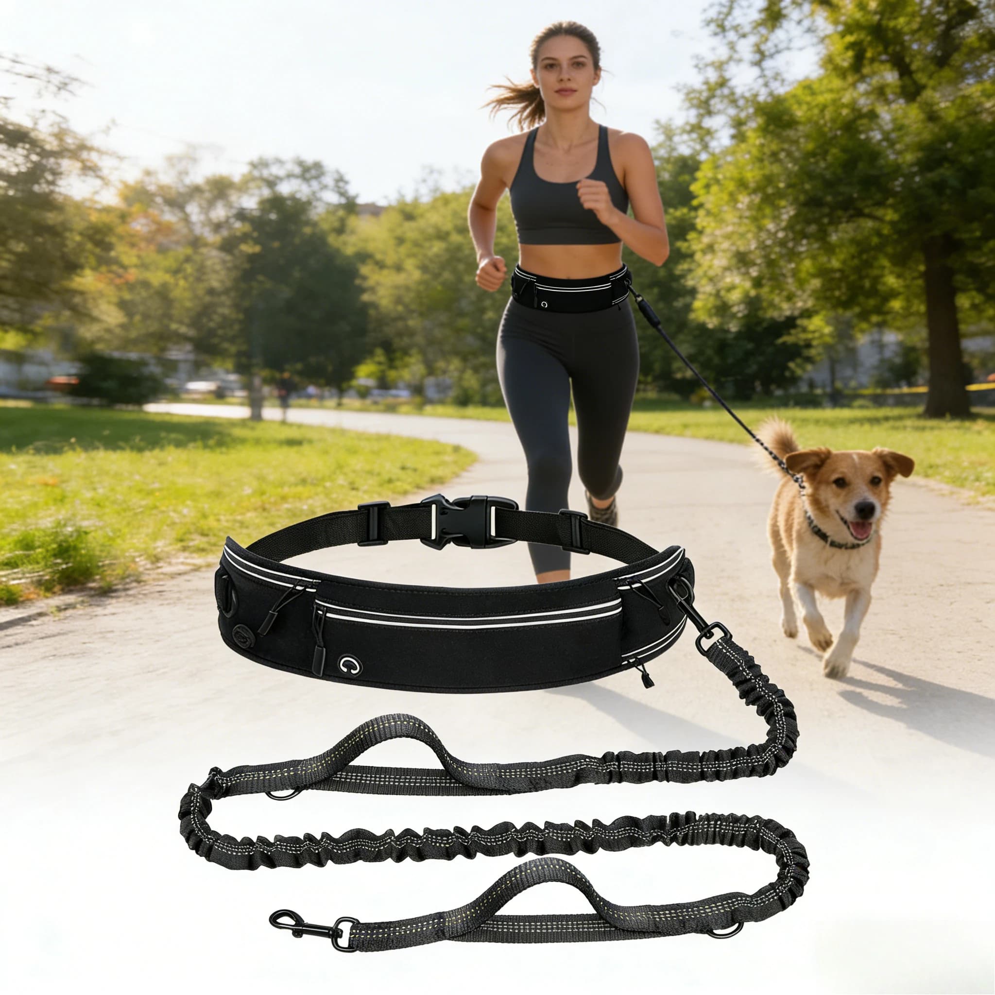 Guinzaglio per Cani Riflettente a Mani Libere con Marsupio, Anti-Trazione, per Corsa, in Nylon, Multifunzionale, con Porta Bottiglia