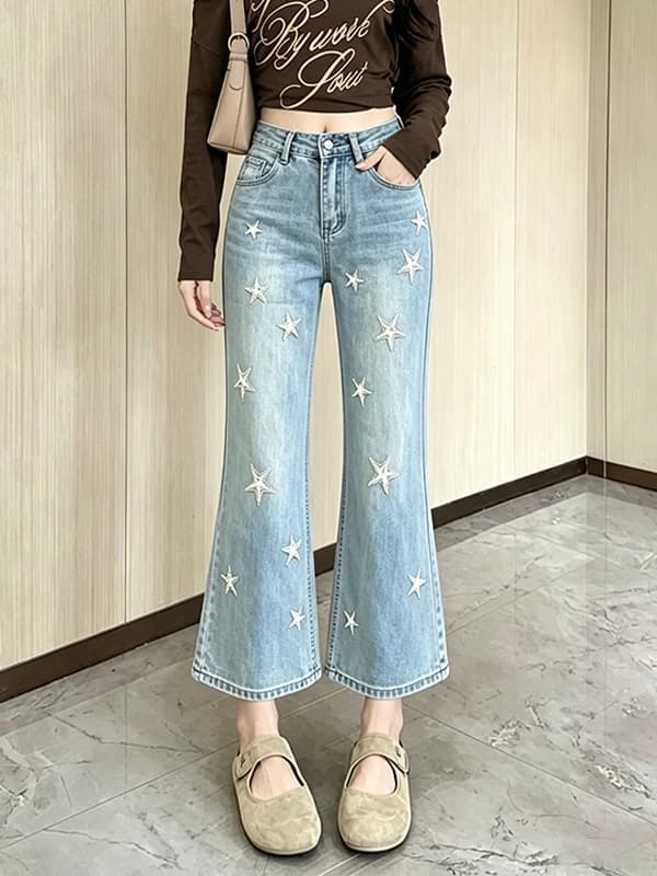 High Waist Embroidered Star Denim Jeans Women's Summer New Style Casual Slimming Versatile Nine Point Flared Pants