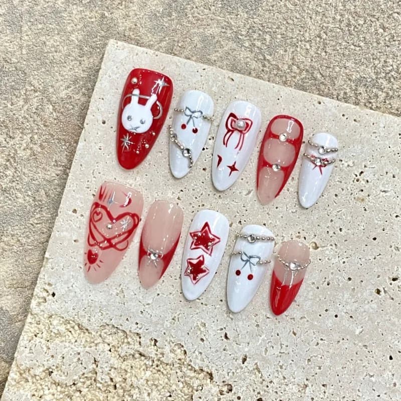 10 pezzi carino dolce stile fresco mandorla fatta a mano stampa sulle unghie Sweetheart Bunny bambino arte unghie finte rimovibili riutilizzabili