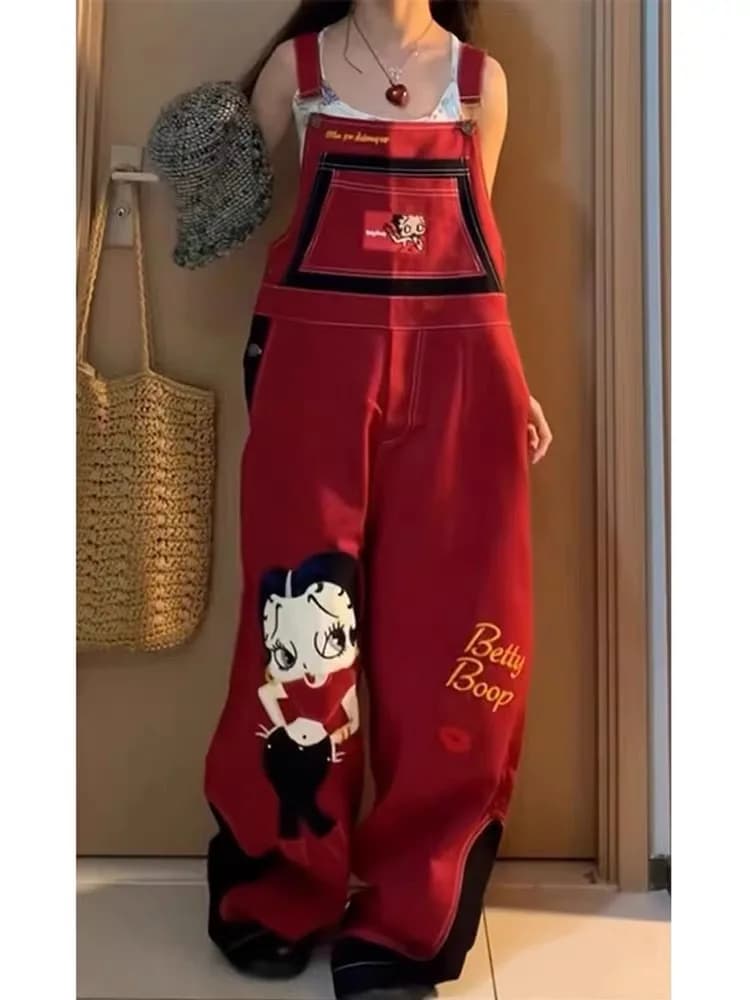 Red Design Street Fun Cartoon Denim Overalls 2026 Women's Summer New Style Slimming and Lazy Style Wide Leg Pants