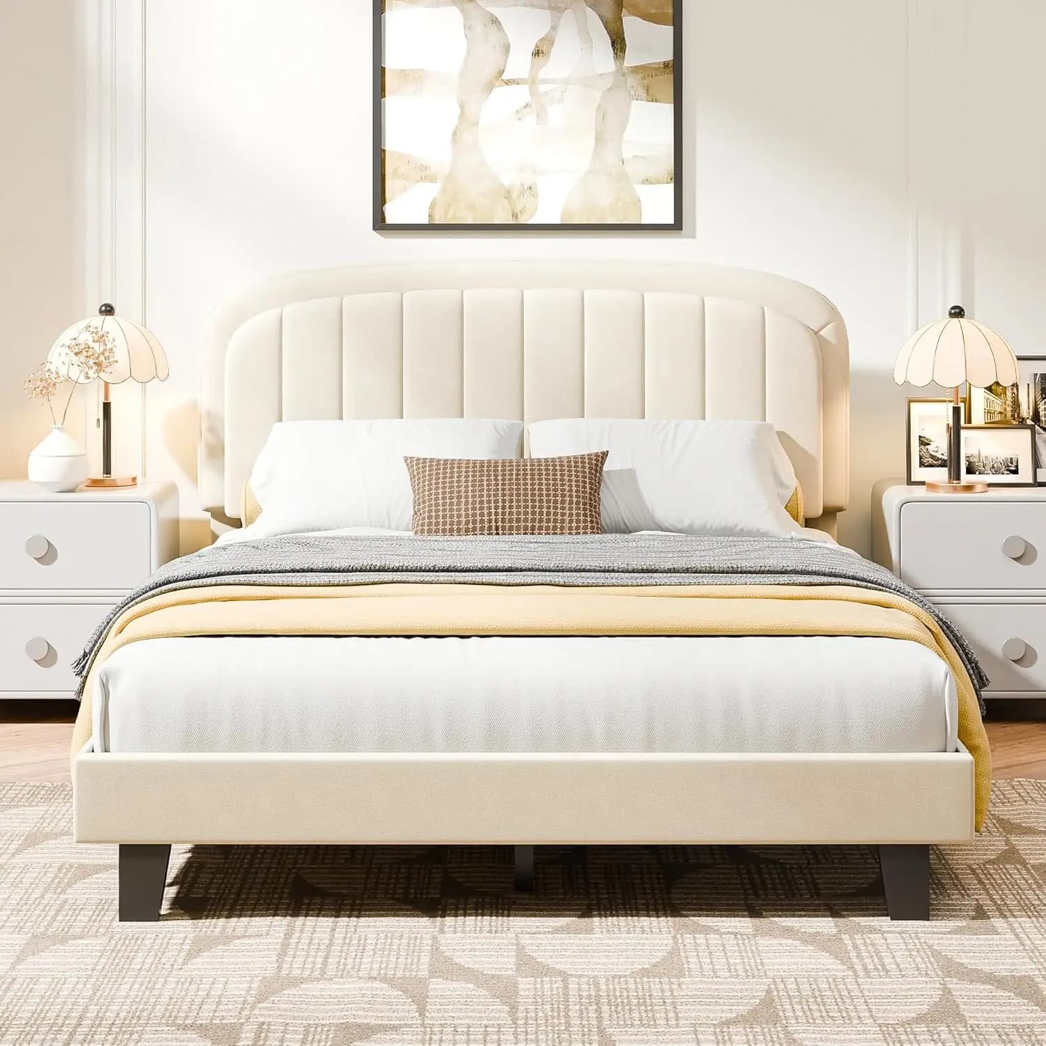 Struttura letto, letto a piattaforma con testiera curva regolabile in velluto, base per materasso con robuste doghe in legno, non necessita di rete a molle