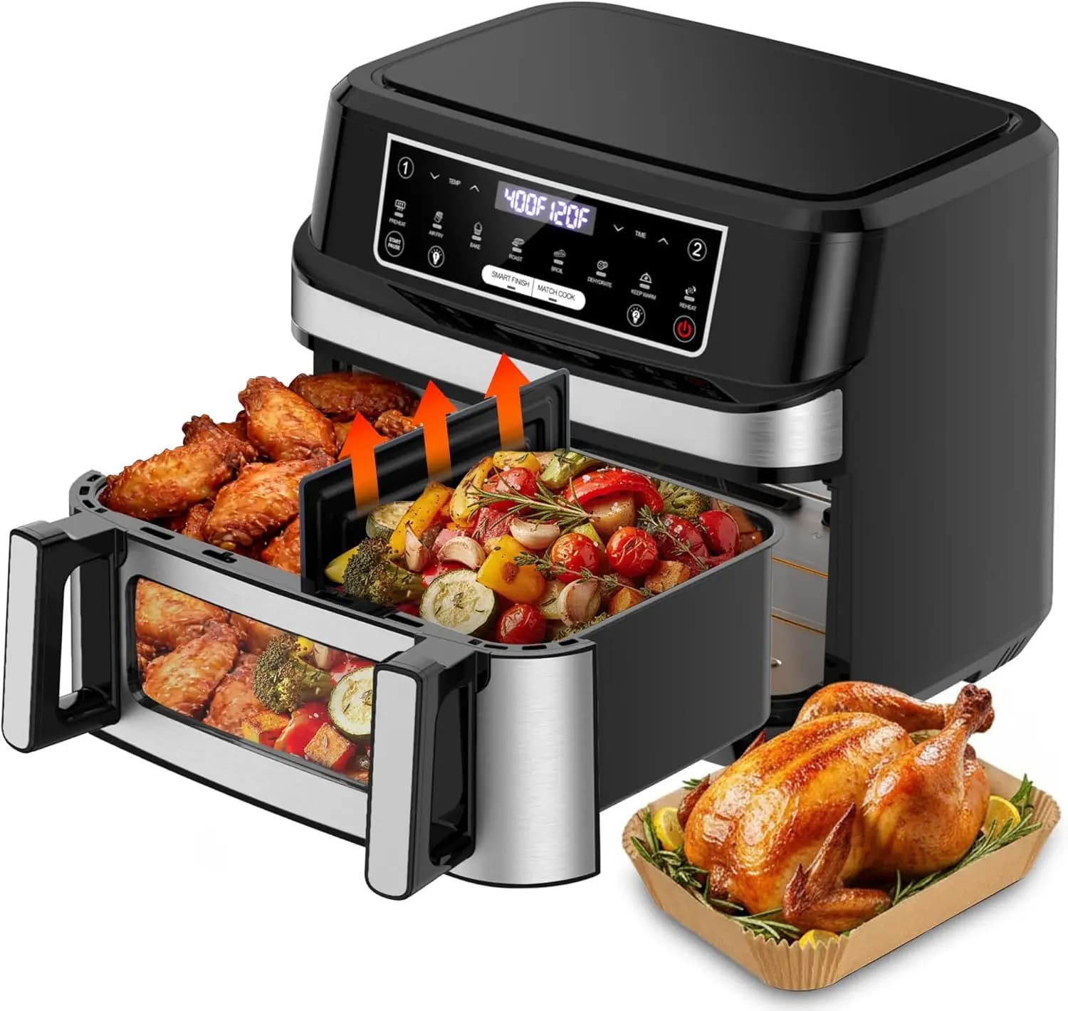 Forno Friggitrice ad Aria a Doppia Zona da 1600W, 12.69QT con Divisorio, Cestello Antiaderente, Touchscreen Digitale per una Cottura Facile