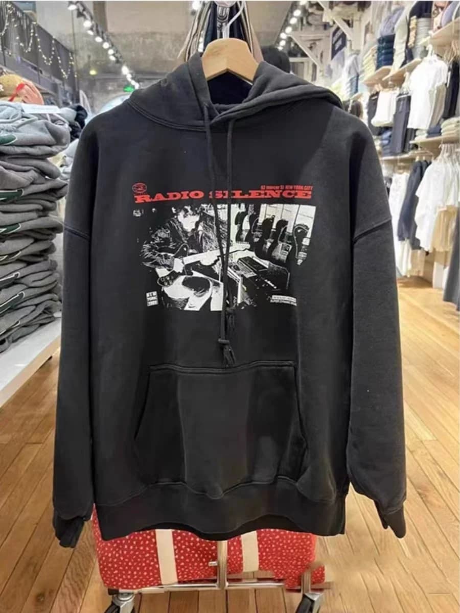 Casual Red Letter Print Guitarist Sweatshirt BM Hoodie Loose Fit Black Jacket Trendy Cotton Long Sleeve Mid-Length Coat