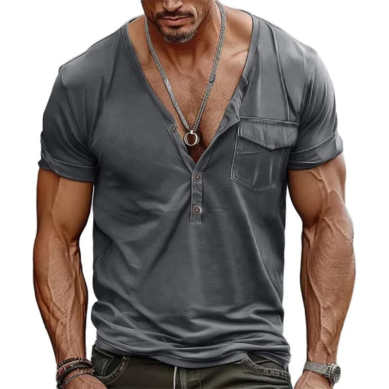 Men's V-neck Henley Shirt 2026 Summer Retro Loose Pocket Short Sleeve T-Shirt Fashion Casual Daily Wear Tops For Men