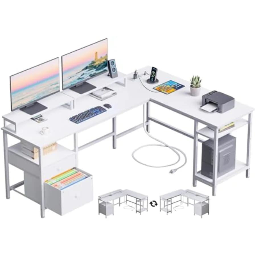 66 Inch L Desk with Current Clamp, Reversible Gaming Desk with Document Holder and 2 Supports for Home Office Monitor with Storage Space
