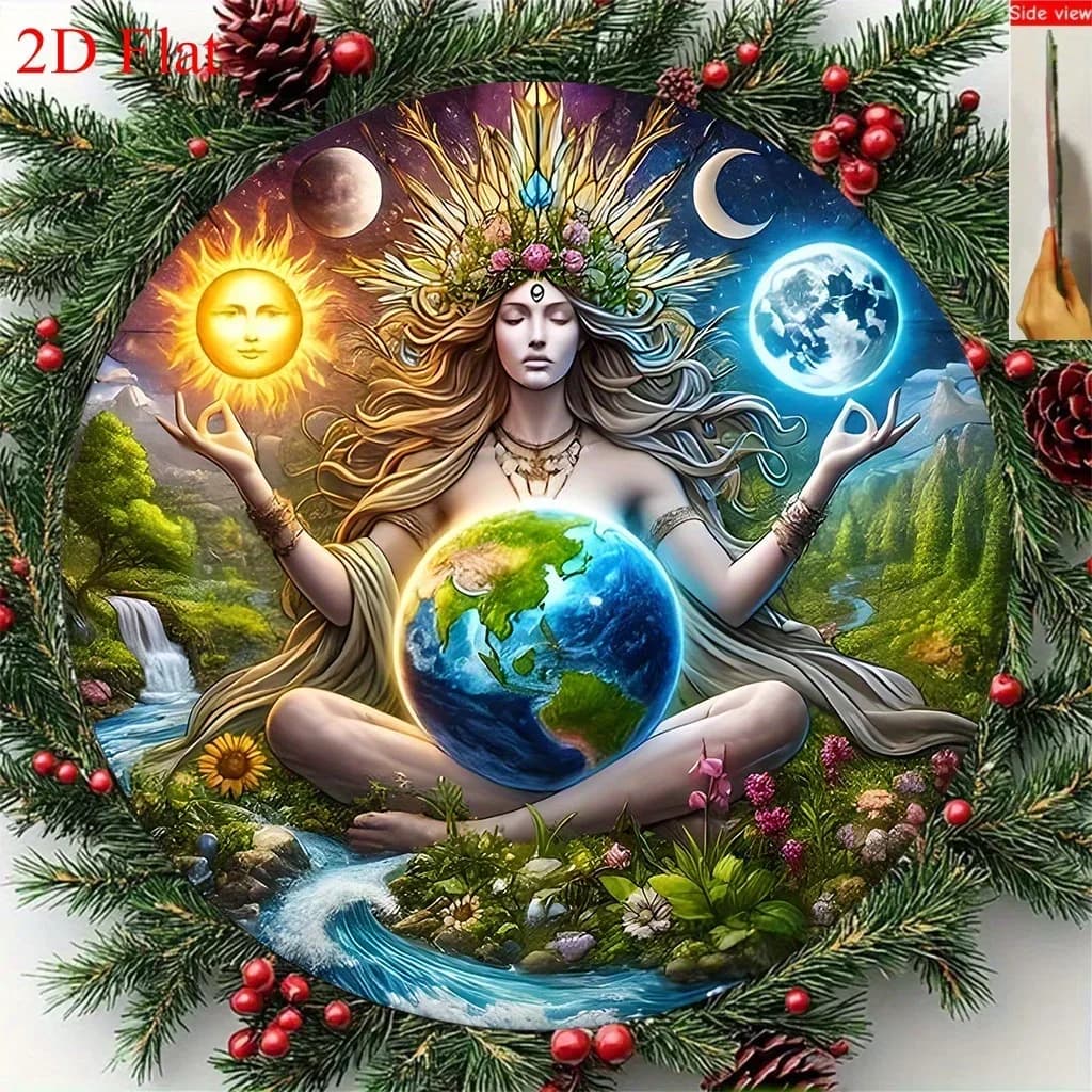 2D plan, 1 Gaia Earth Dream catcher - circular acrylic painted glass window decoration, celestial natural scenes, sun