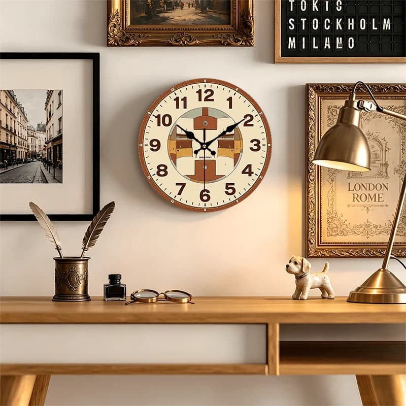 2D Flat. 1pc, Wooden Wall Clock, Retro Style, Mid-Illustration Art Clock Face Design Silent Round Clock, Perfect Decor for Bedroom, Living Room, Office, Kitchen And Bathroom, 8, 10, 12, 35.56 cm (AA Battery Not Included)