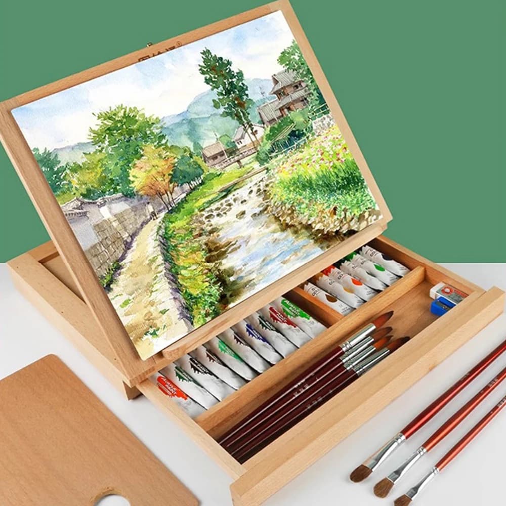 Single Layer Beech Wood Artist Paint Box HX-5 Portable Wooden Art Storage Case with Adjustable Easel Lid Compartments for Paint Brushes Oil Watercolor Acrylic Painting Tools