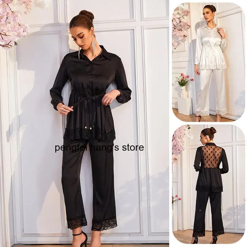 Women Lapel Pajama Set Drawstring Lace Splicing Loungewear Soft Loose Home Outfit Casual Comfortable Sleepwear