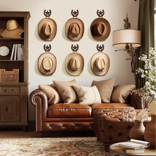 Western Wall-Mounted Hat Organizer Set: 6 Cowboy Hat Hooks With Star & Horseshoe Accents Plus 2 Freestanding Hat Stands