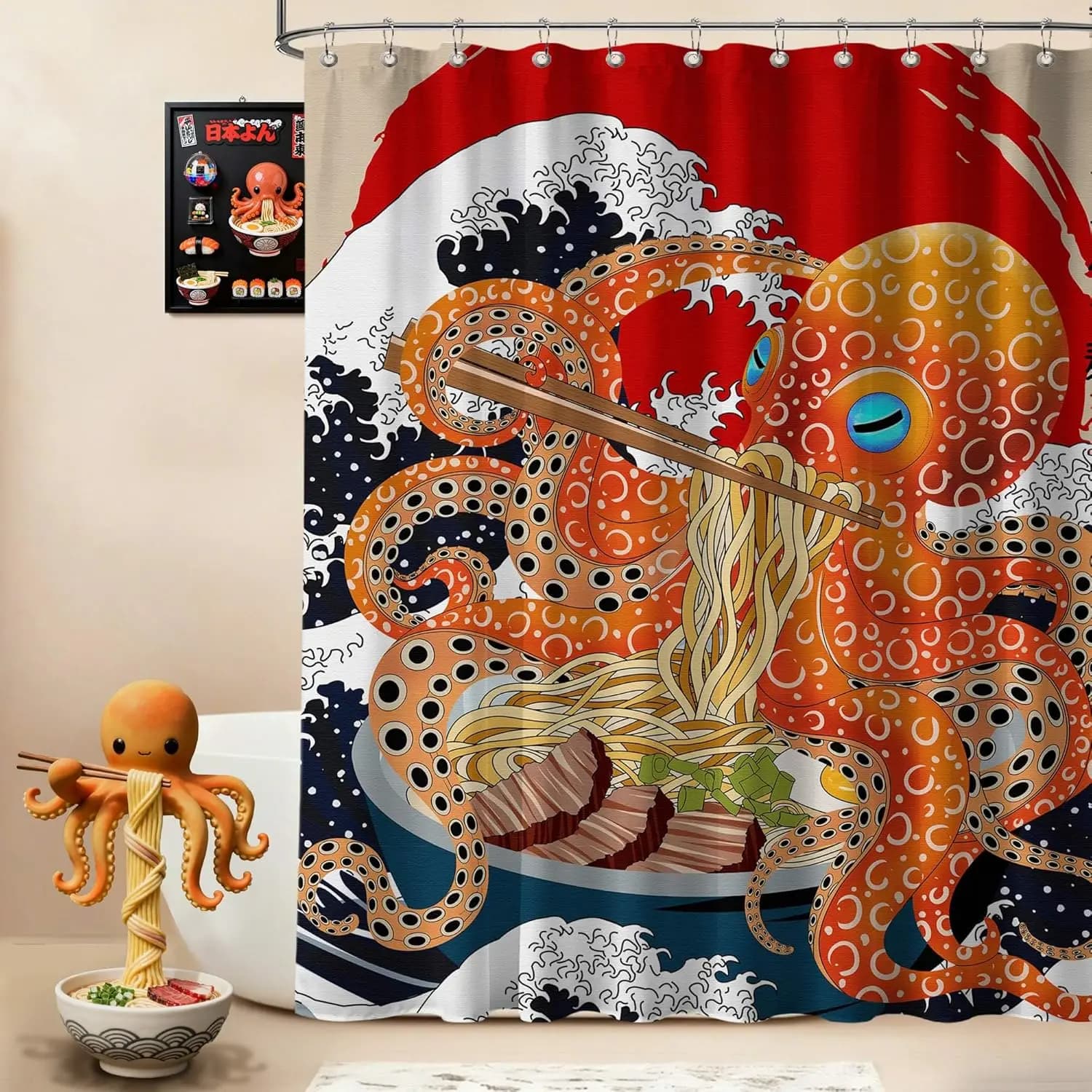 Divertente tenda da doccia con polpo Divertenti tende da doccia Kraken anime giapponesi per set di decorazioni per il bagno, tessuto in tessuto impermeabile con