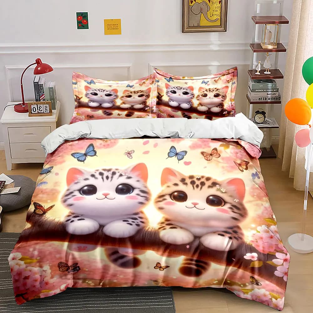 Cats and Butterflies on Cherry Tree Print Soft Comfortable Duvet Cover Bedding Set Included 1*Duvet Cover 2*Pillowcases
