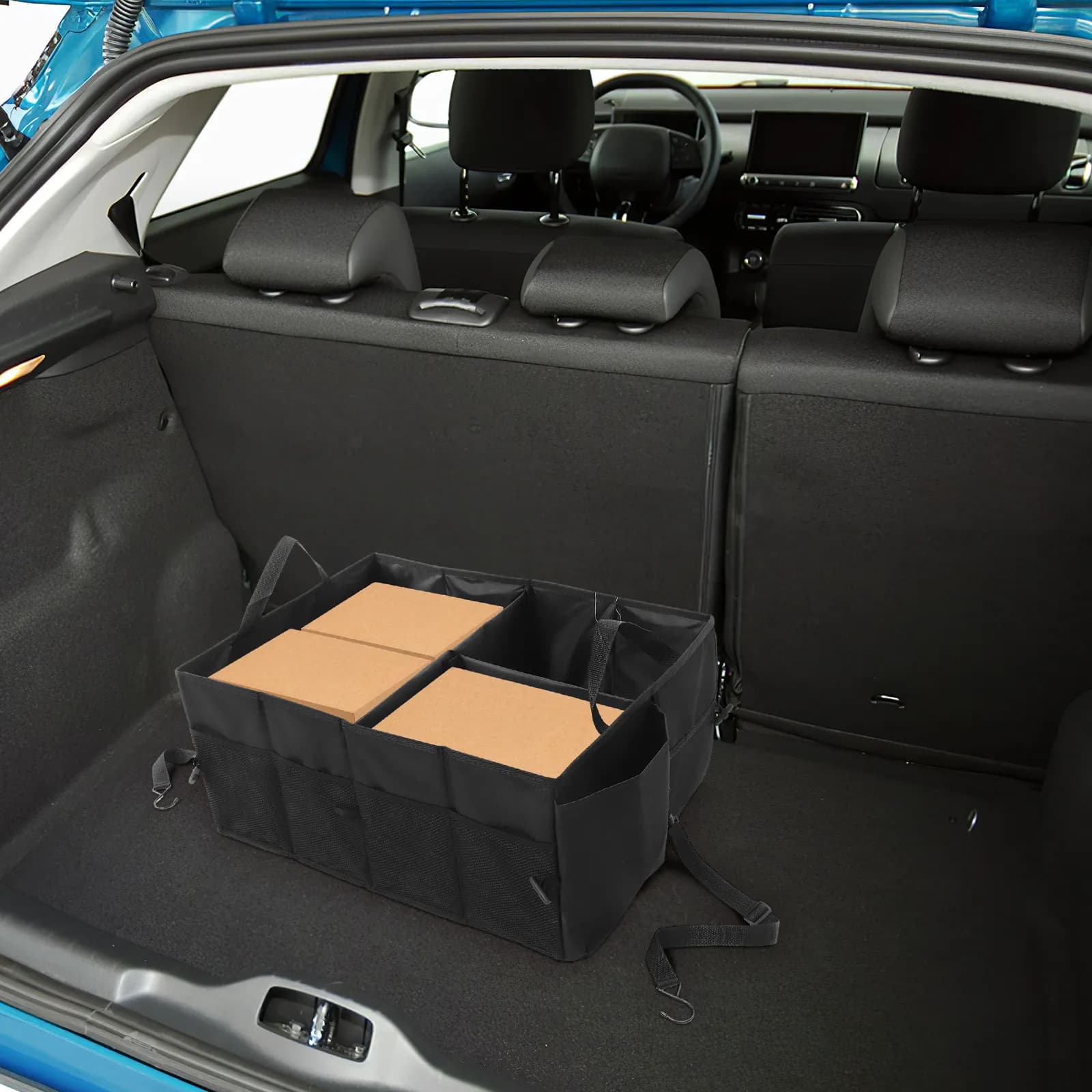 Organizer Pieghevole per Bagagliaio Auto con Tasche Multiple e Divisori, Scatola Portaoggetti Resistente in Poliestere per SUV, Furgoni e Campeggio