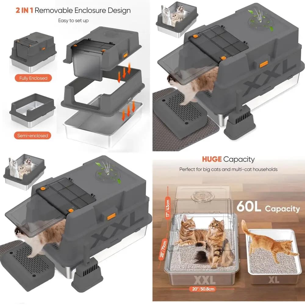 Lettiera per Gatti Grande 28x20 in Acciaio Inossidabile con Recinto Metallico 4-in-1, Vassoio Rimovibile, Tappetino e Paletta