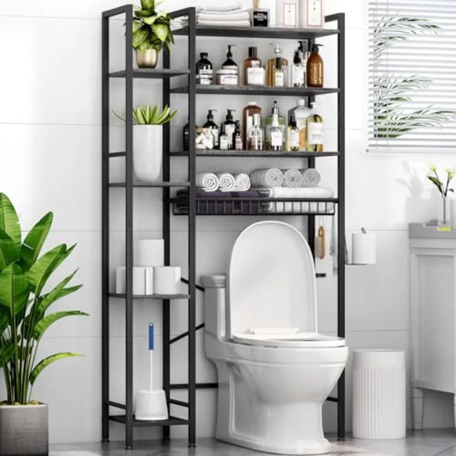 8-level storage rack to be placed above the toilet with adjustable shelves and drainage basket, self-supporting bathroom organizer for balcony and laundry
