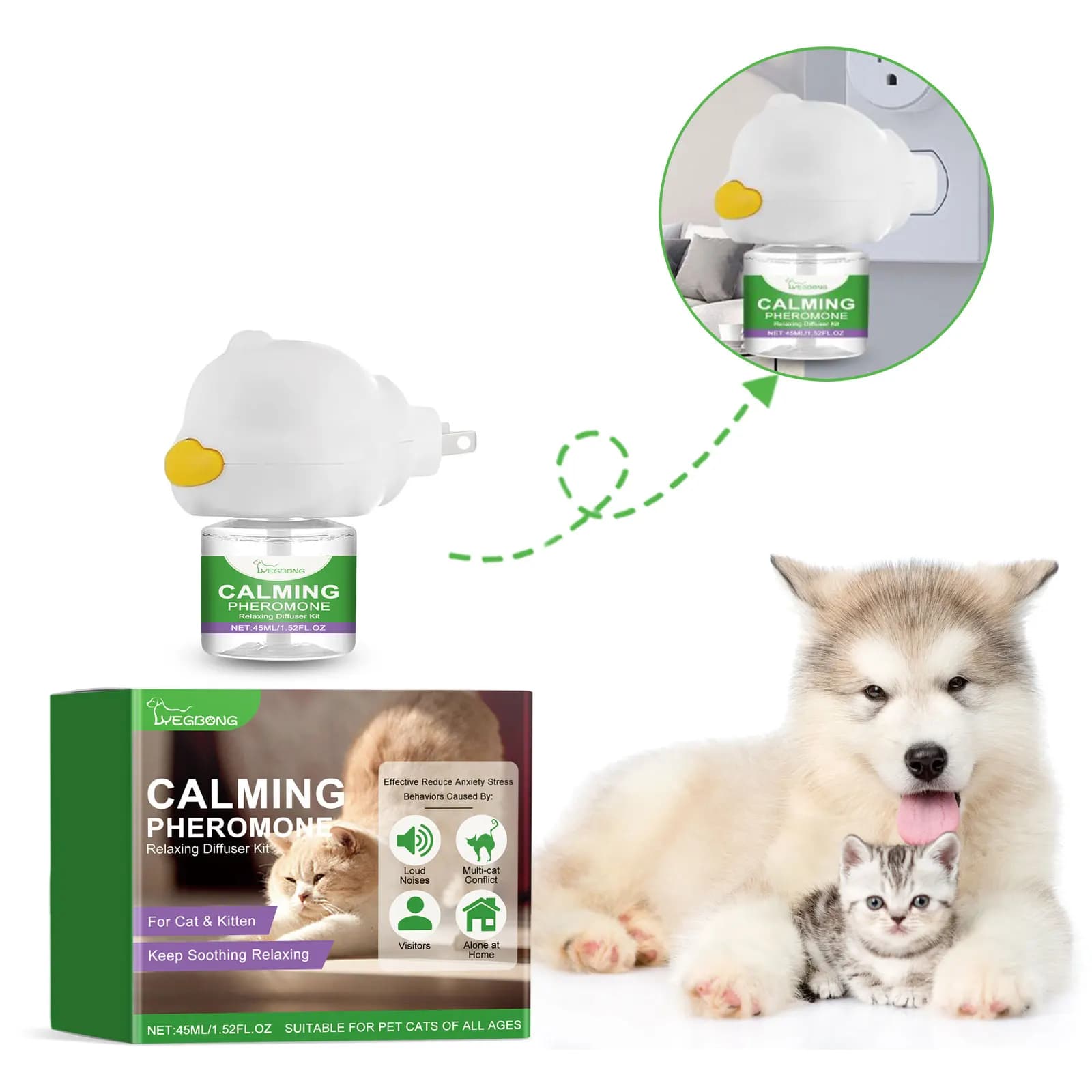Kit diffusore calmante per gatti Ricarica Calmante Umore Rilassante Anti Ansia Stress Lenitivo Confortante Animali domestici Feromoni Calmante Diffusore