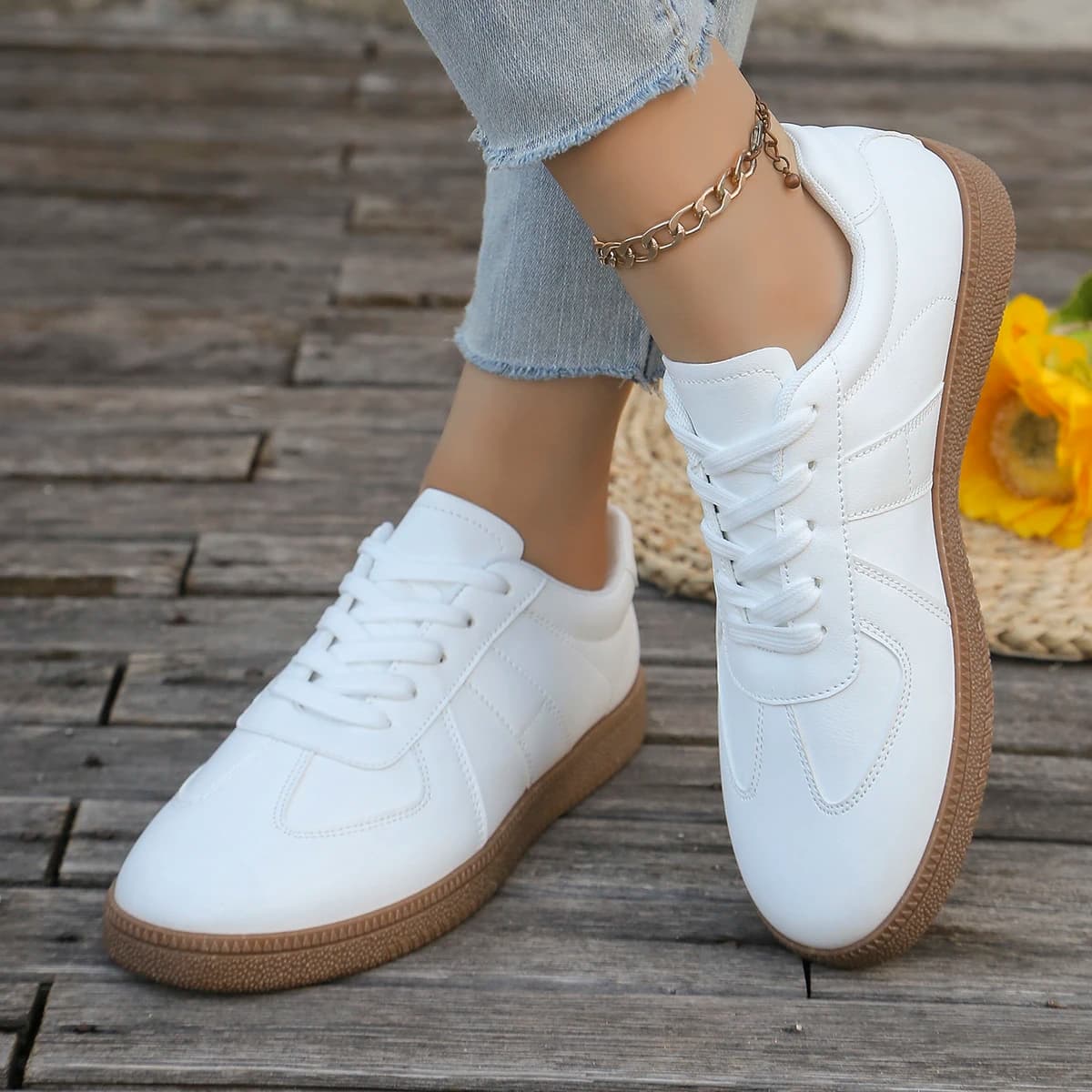 Women casual white sports shoes: fastened, low cut, breathable fabric, comfortable all year round