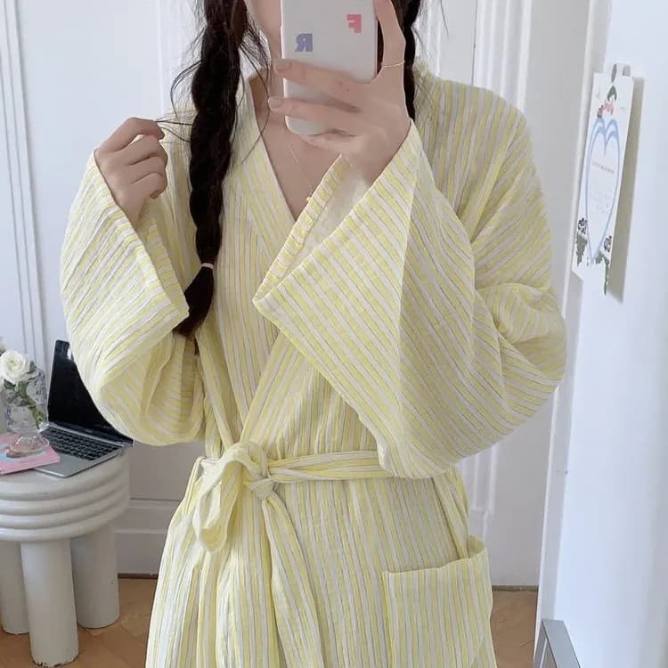 Women's Long Sleeved Thin Spring and Summer Morning Gown, Yellow Striped Loose and Comfortable Home Sleepwear, Bathrobe