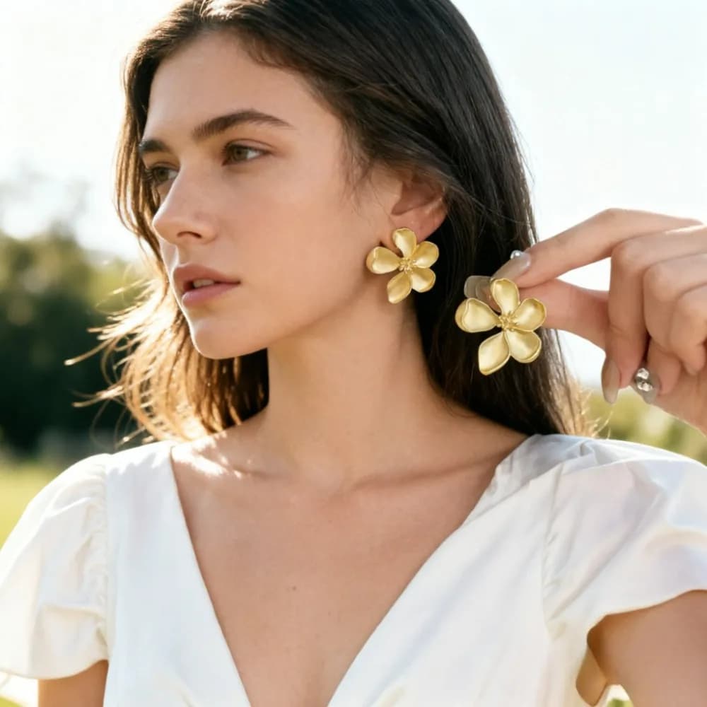 SUMENG New Gold Color Matte Texture Metal Flower Retro Studs Earrings for Women Girls Fashion Jewelry Accessories Gifts